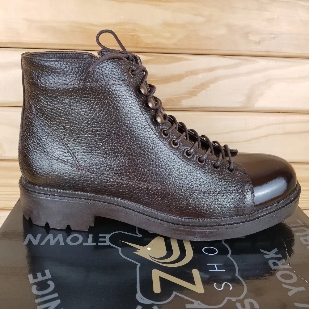 Men's 10 US 100% Genuine Leather Brown Ankle Boots Paul Branco Side Zip Lace-up